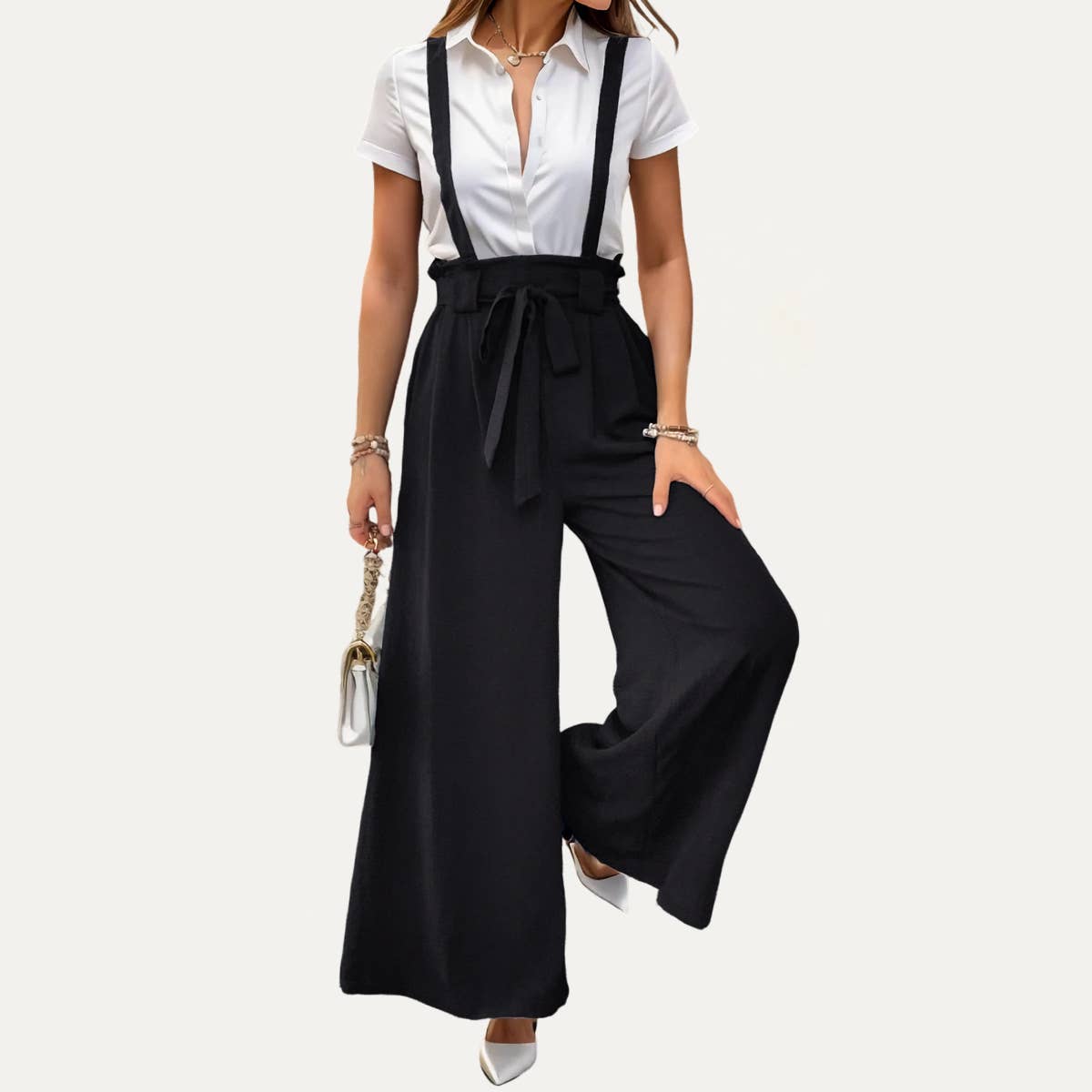 Black High-Waisted Wide-Leg Overalls