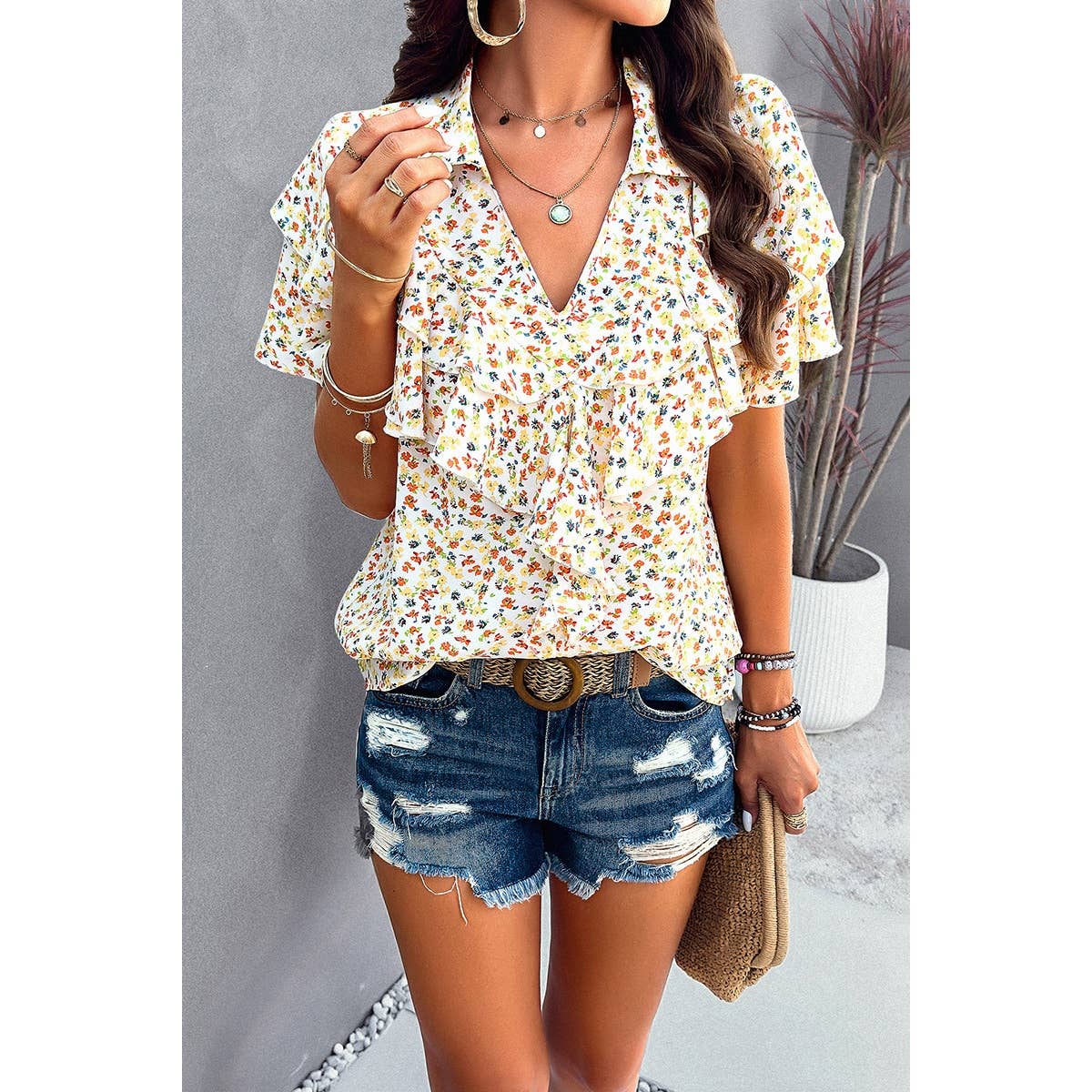 V Neck Ruffle Top