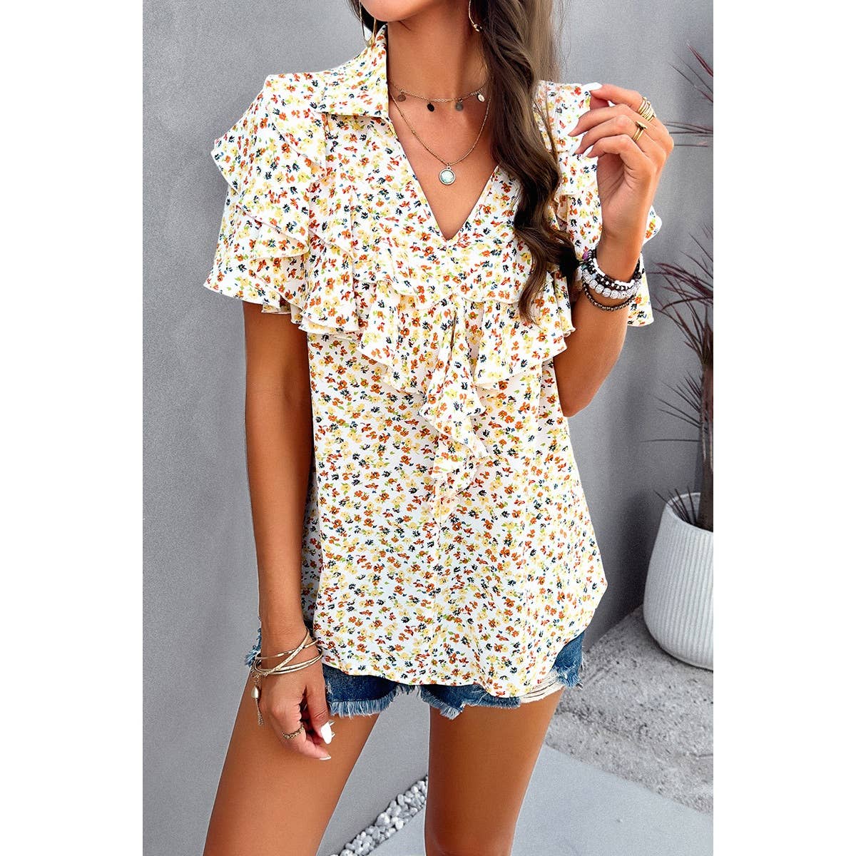 V Neck Ruffle Top