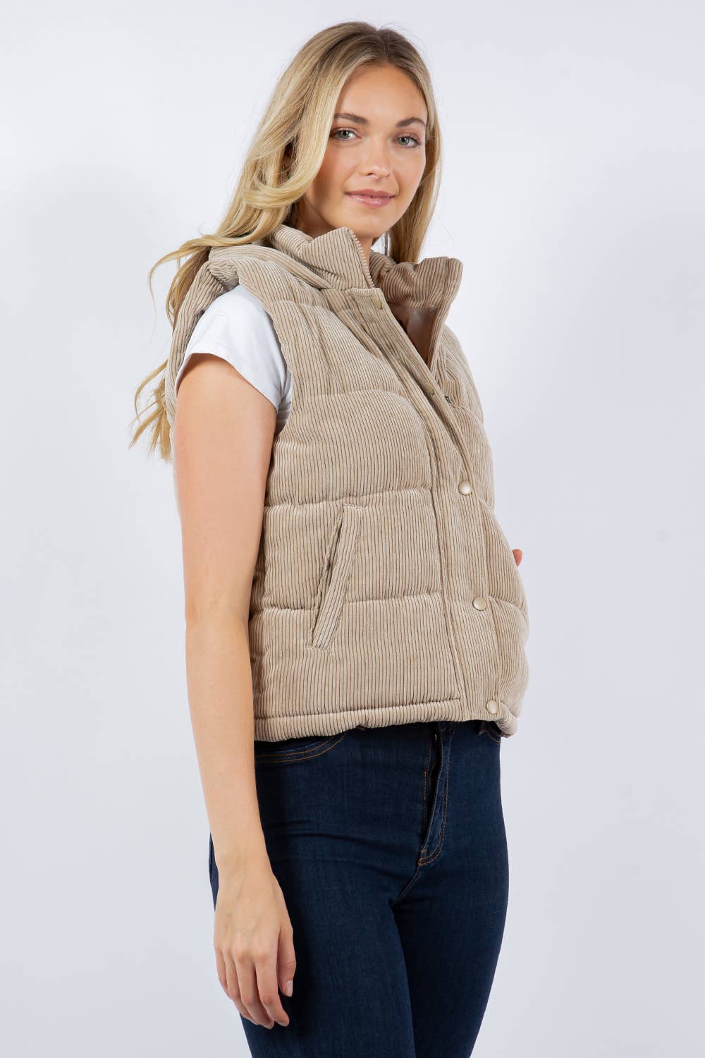 QUILTED CORDUROY HOODED PUFFER VEST