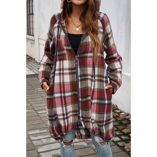Zip Plaid Hood Long Corduroy Flannel Trench Coat