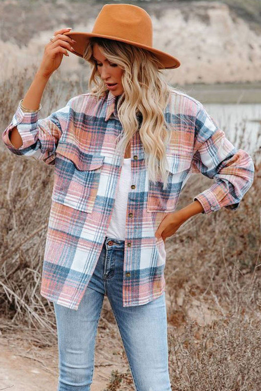 Casual Plaid Flap Pockets Shacket