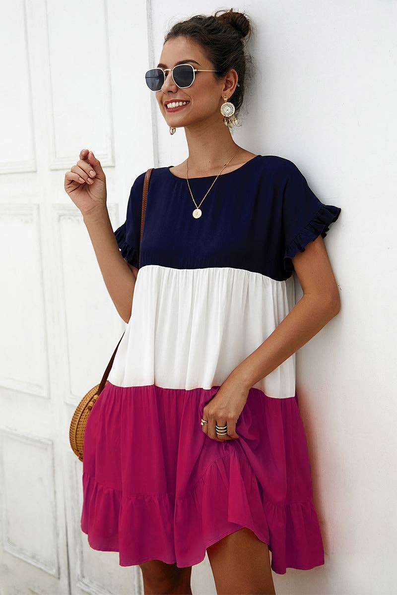 Round Neck Ruffle Tunic Short Dress