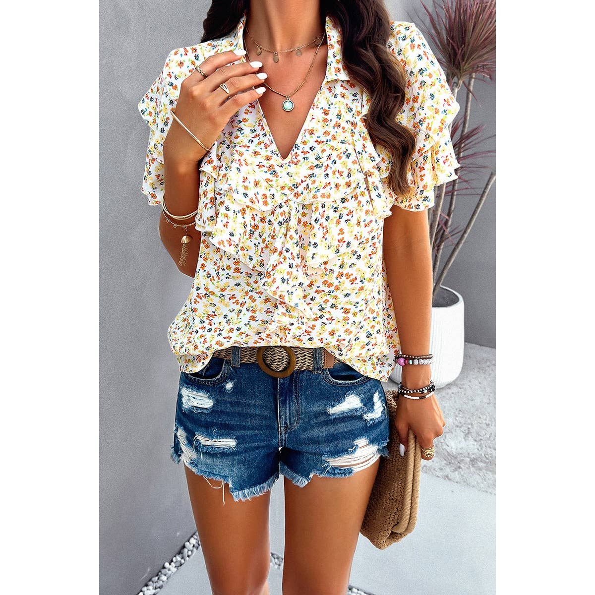 V Neck Ruffle Top