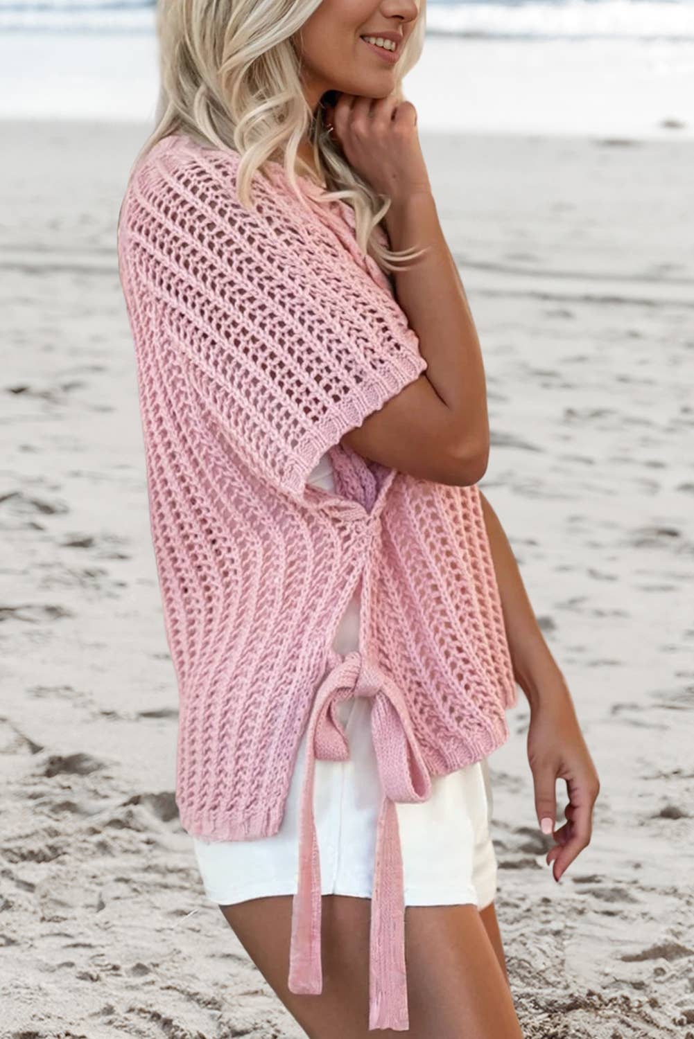 Crochet Side Tied Short Sleeve Sweater | S-XL