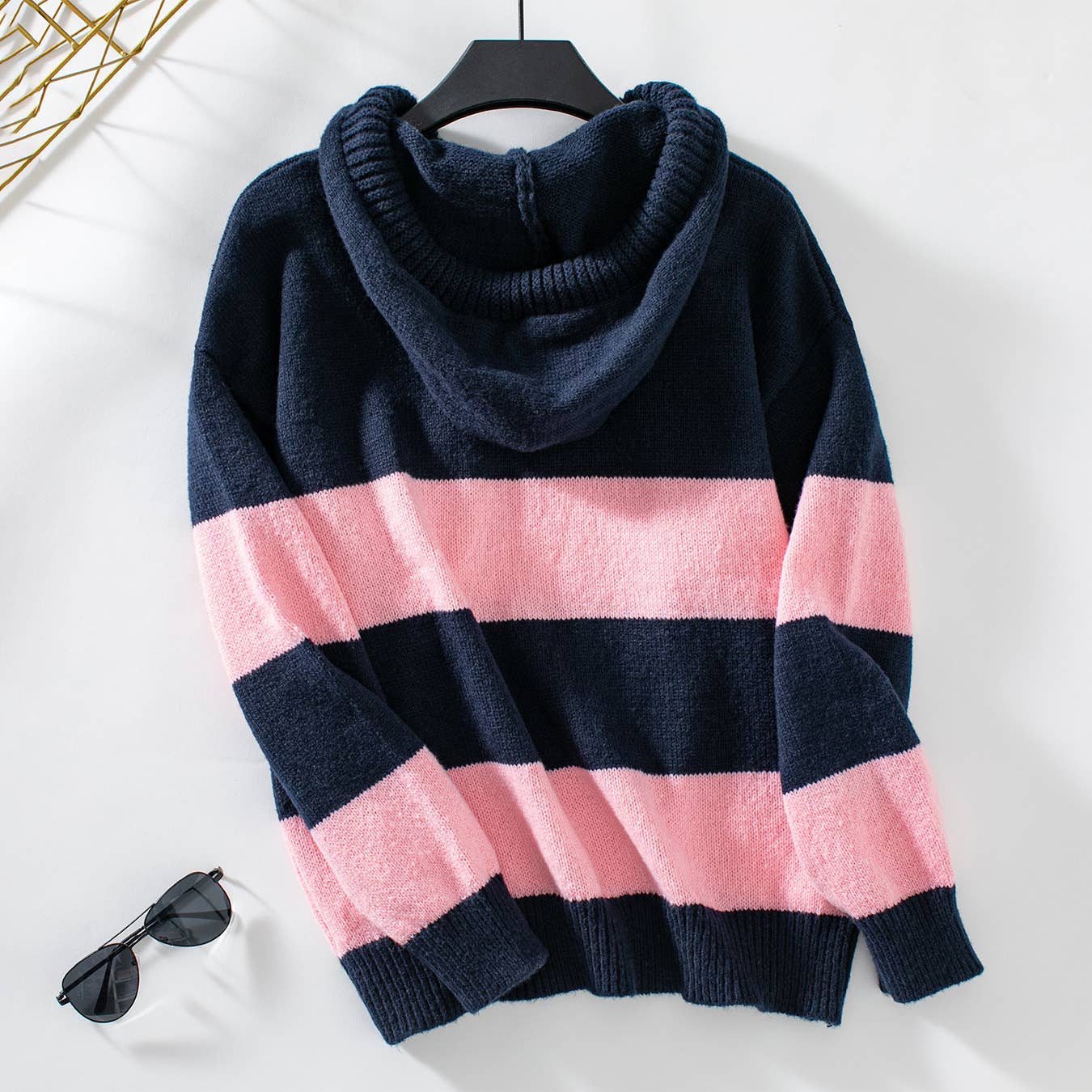 Hooded Contrasting Loose Casual Knit Sweater