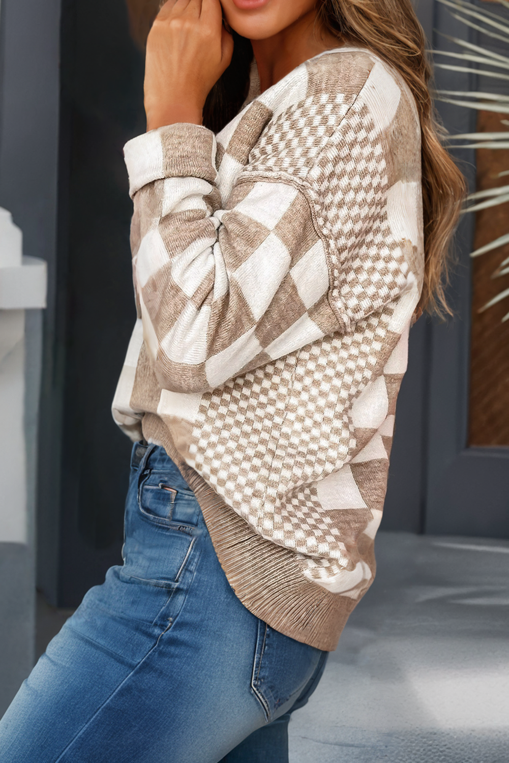 Checkered Drop Shoulder Sweater