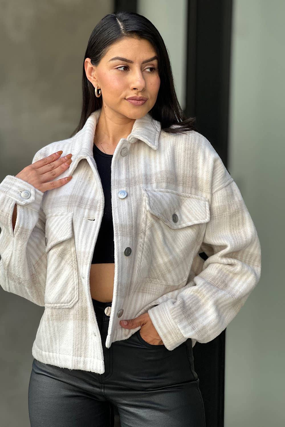 Drop Shoulder Cropped Plaid Shacket