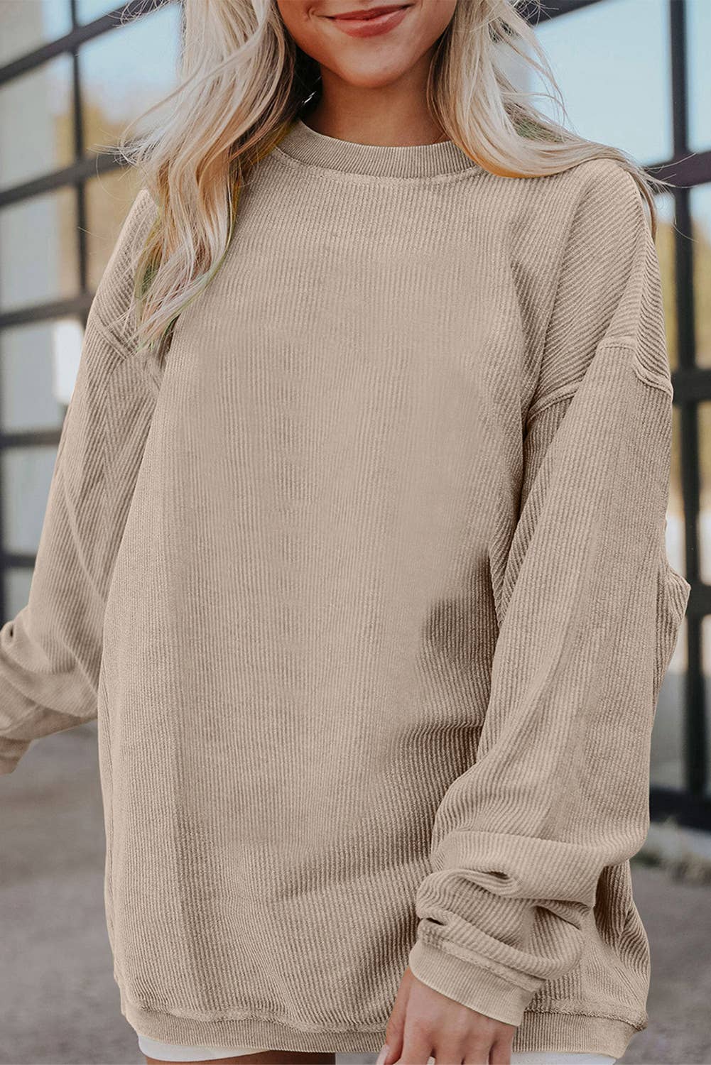 Long Sleeve Ribbed Corded Oversized Sweatshirt