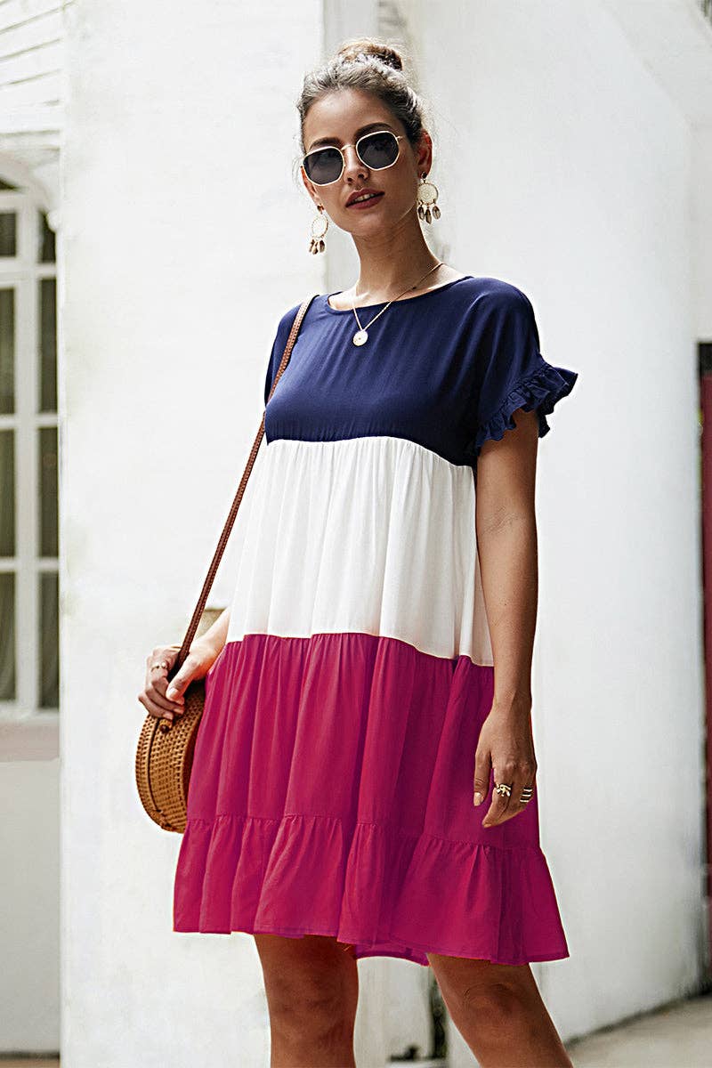 Round Neck Ruffle Tunic Short Dress
