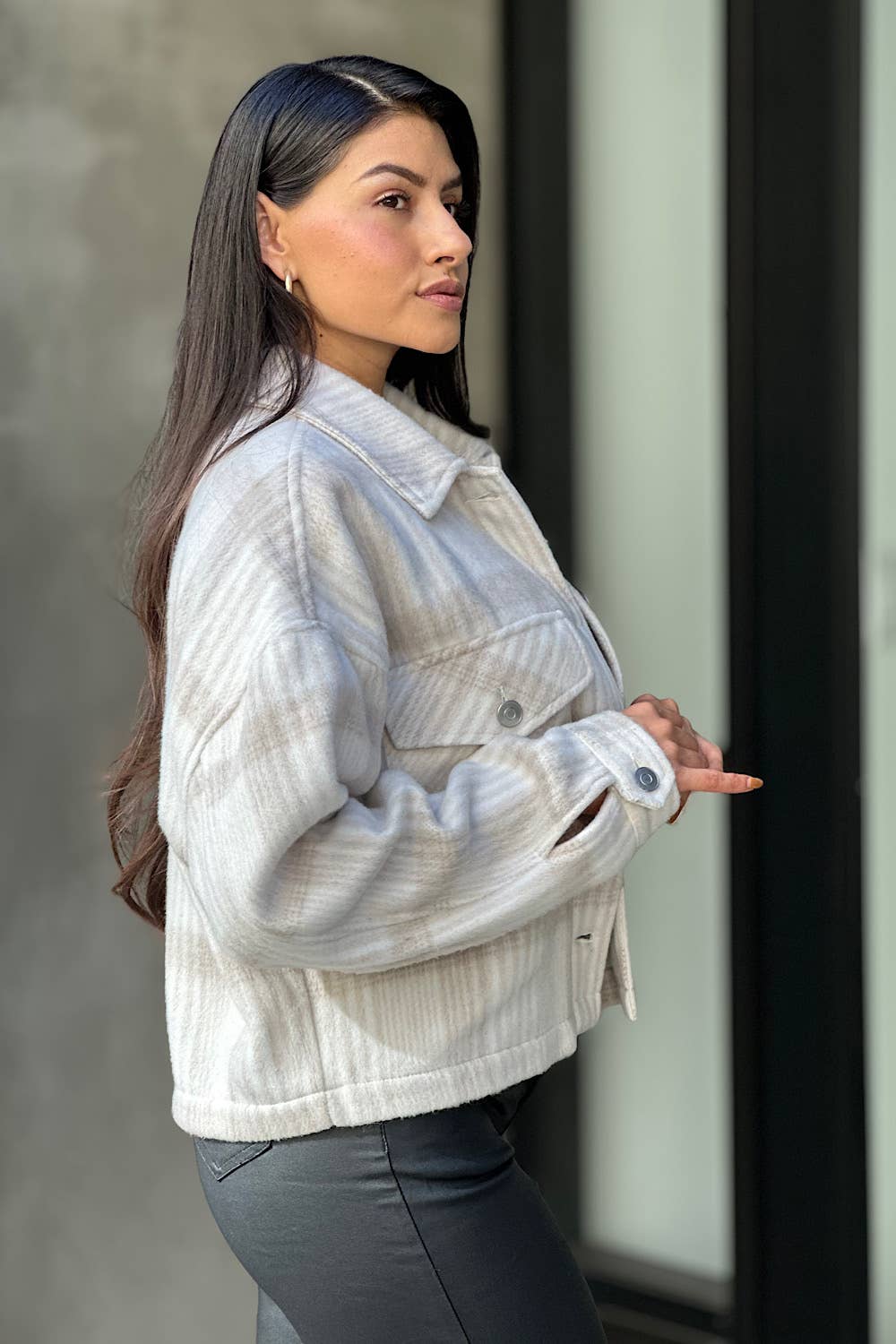 Drop Shoulder Cropped Plaid Shacket