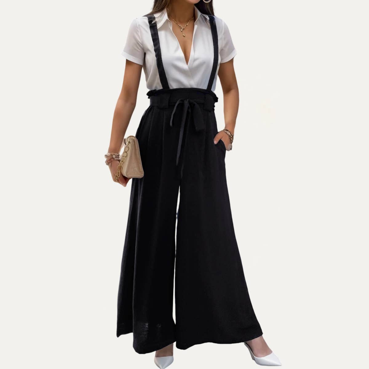 Black High-Waisted Wide-Leg Overalls