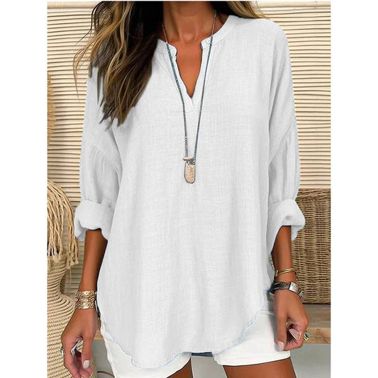 Blouse Linen Long Sleeve Casual V Neck Top