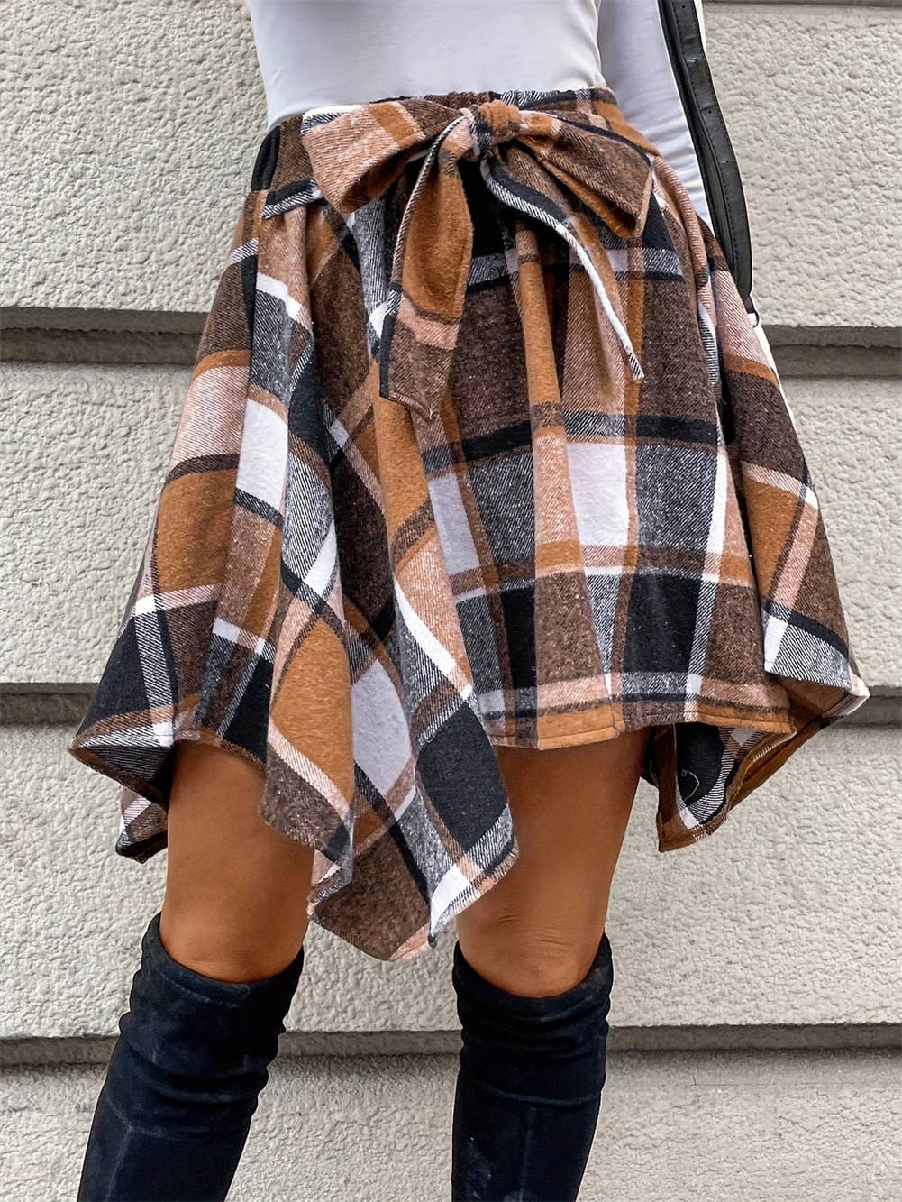 Panelled Checked Lace-Up Skirt