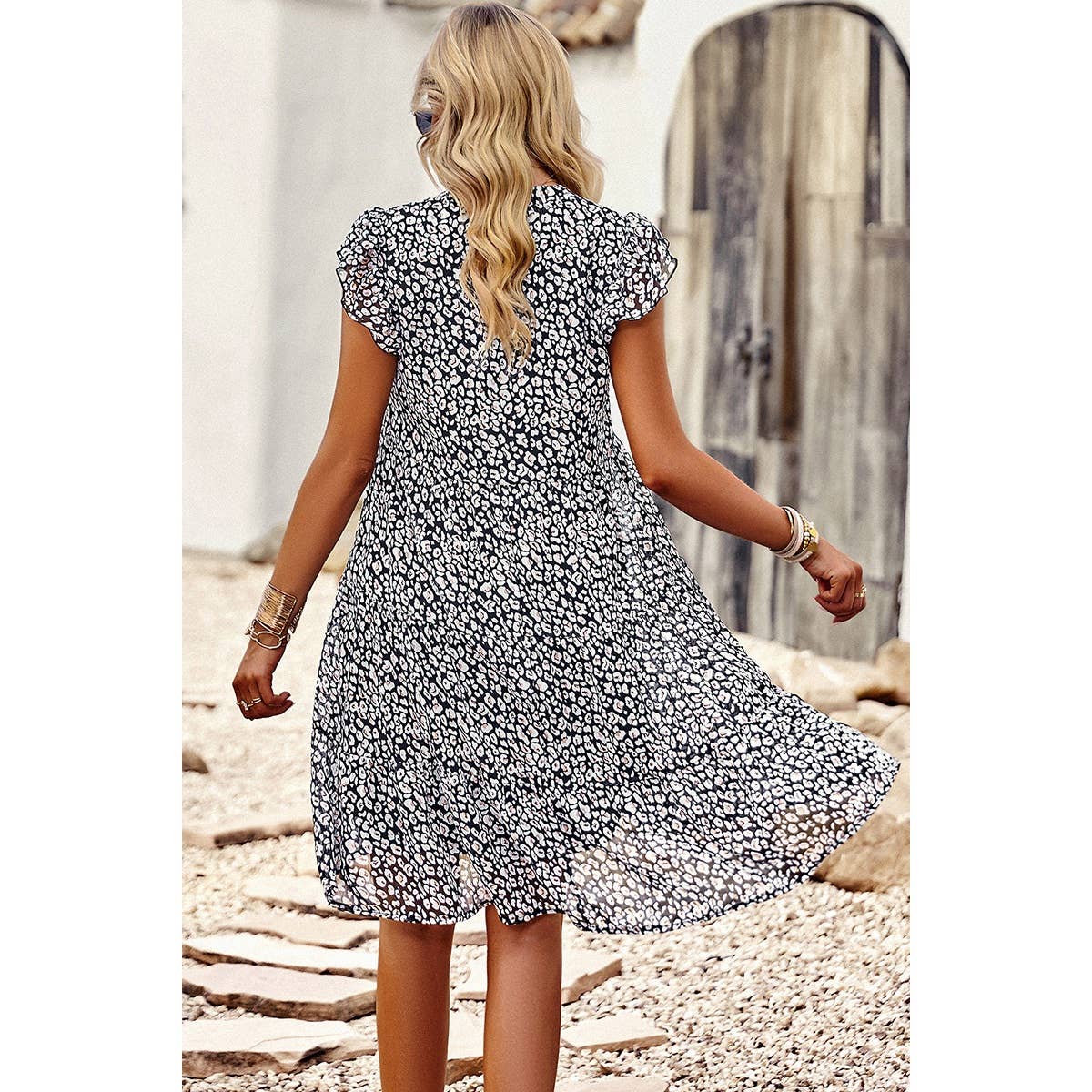 Floral Print V Neck Color Block Ruffle Puff Sleeve Dress