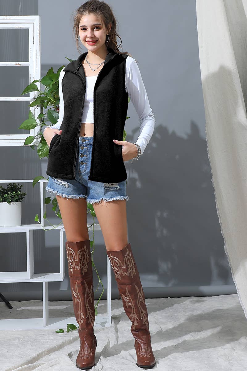 Fleece Vest with Pockets: Plus Size: Black