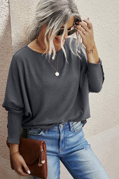ROUND NECK BUTTON LONG SLEEVES TOP in Charcoal