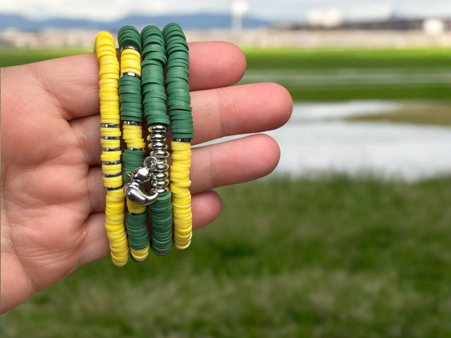 Green and Yellow Game Day Bracelet Stack
