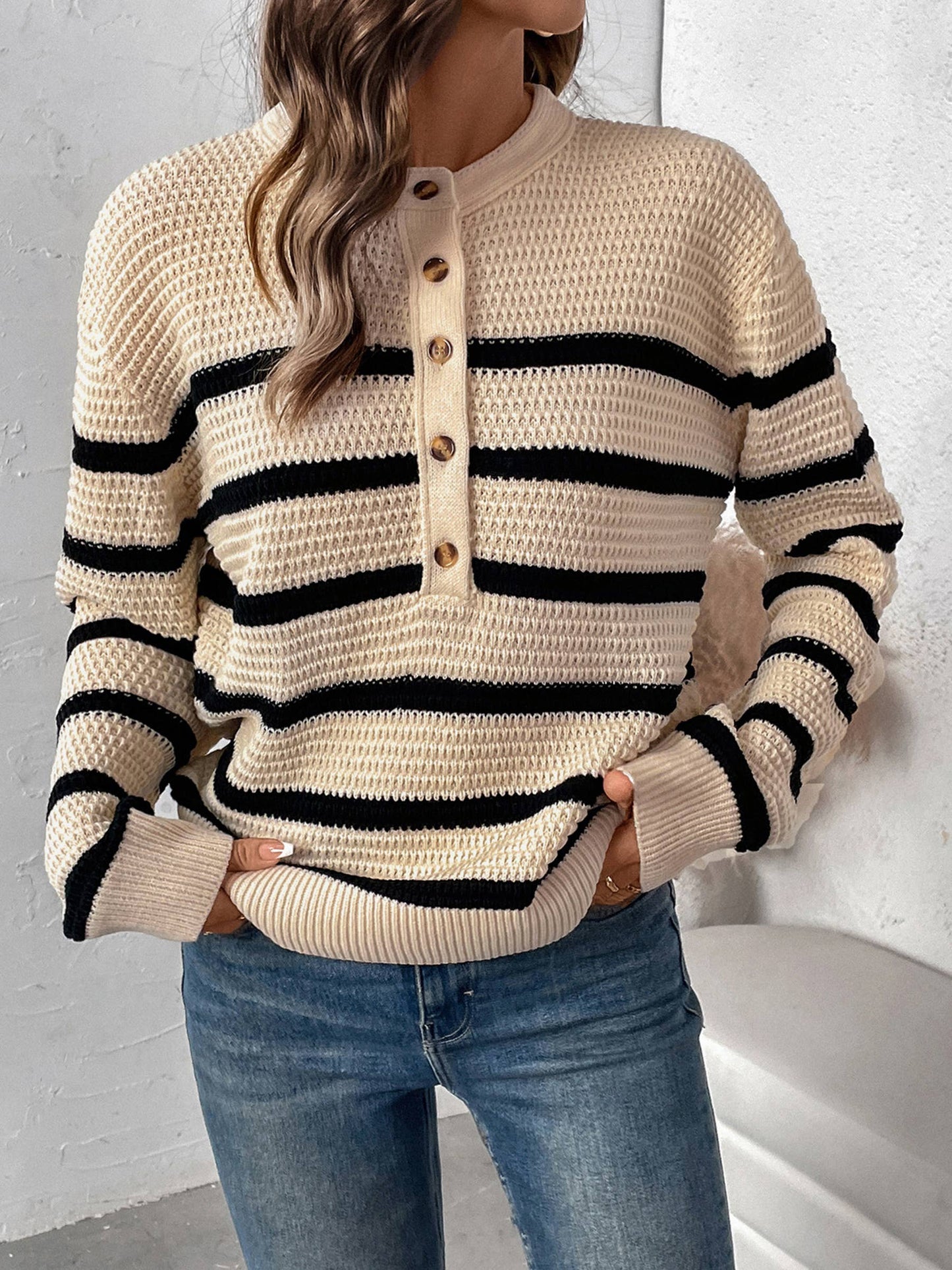 Button Striped Loose Sweater