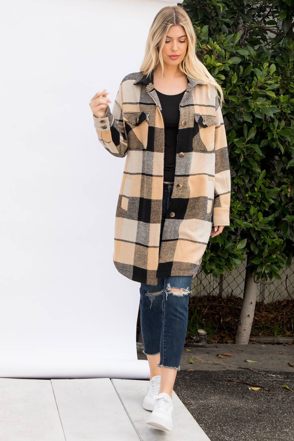 Wool Like Plaid Print Long Shacket