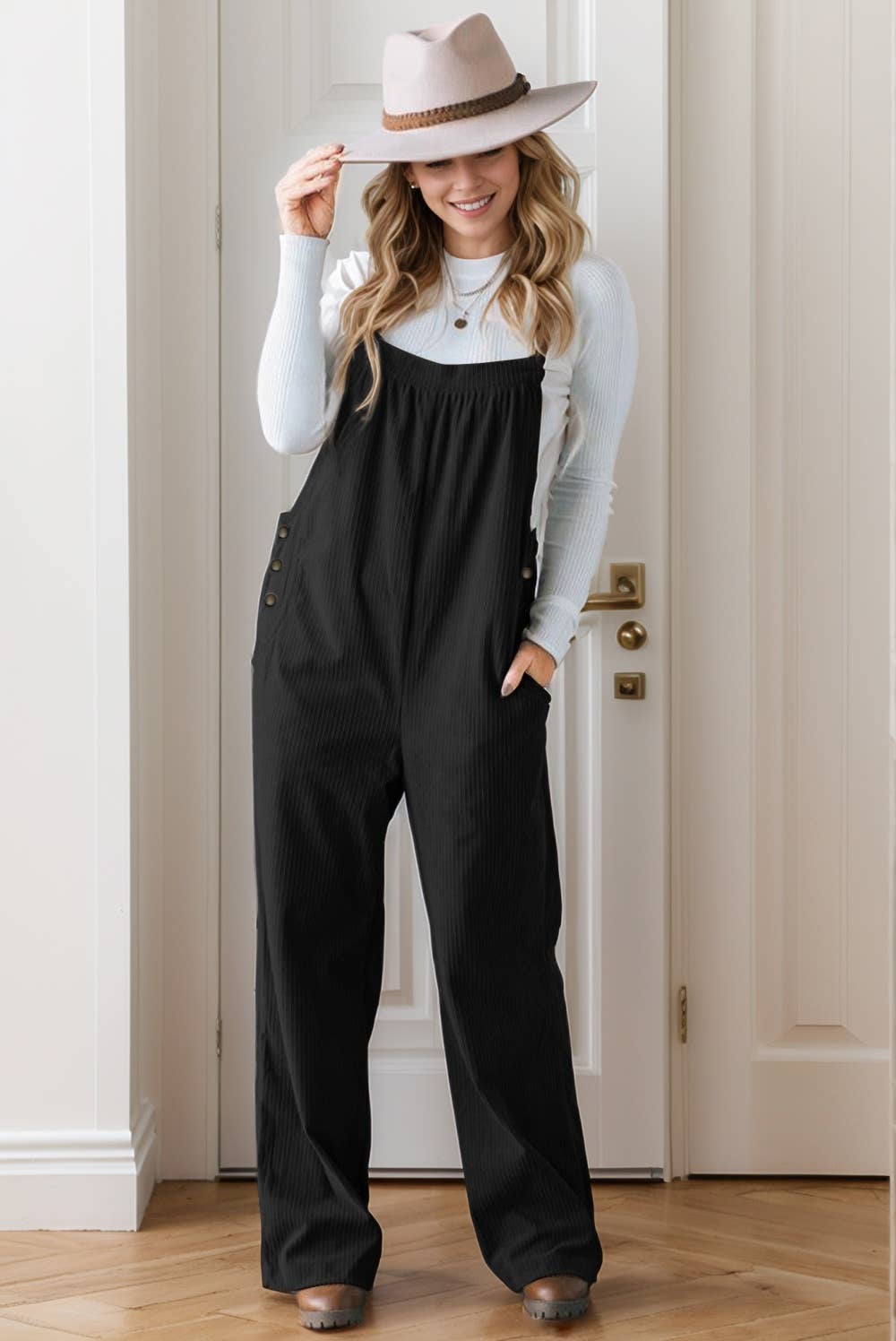 Solid Pocketed Loose Fit Corduroy Overall