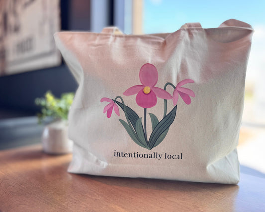 AligN: Zippered Tote Bag:  Intentionally Local with Lady Slipper Flower