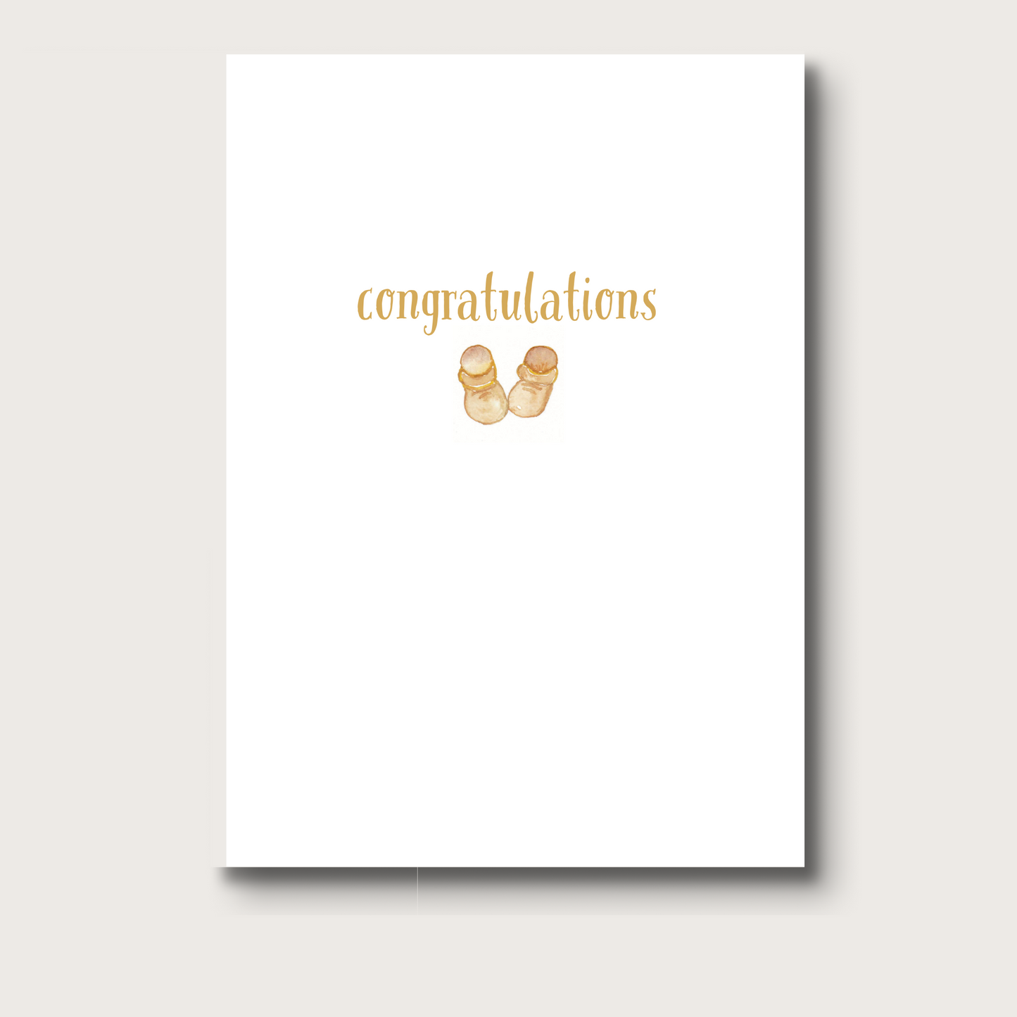 Interior of baby greeting card with the word "congratulations" and a simple watercolor illustration of baby botties in matching gender-neutral color style. 