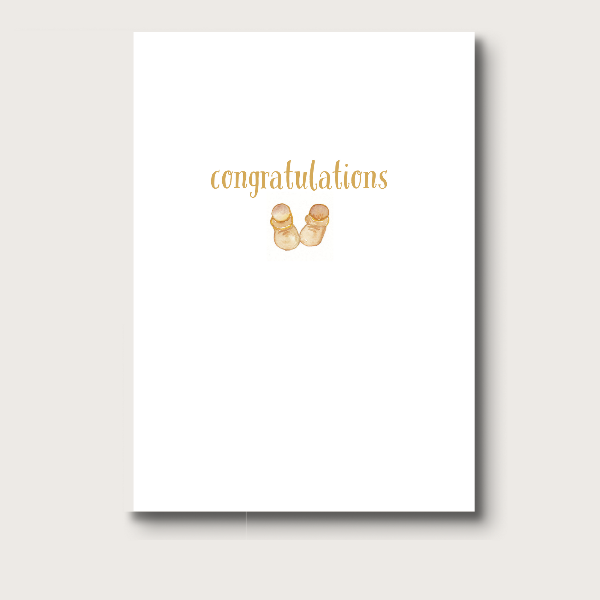 Interior of baby greeting card with the word "congratulations" and a simple watercolor illustration of baby botties in matching gender-neutral color style. 