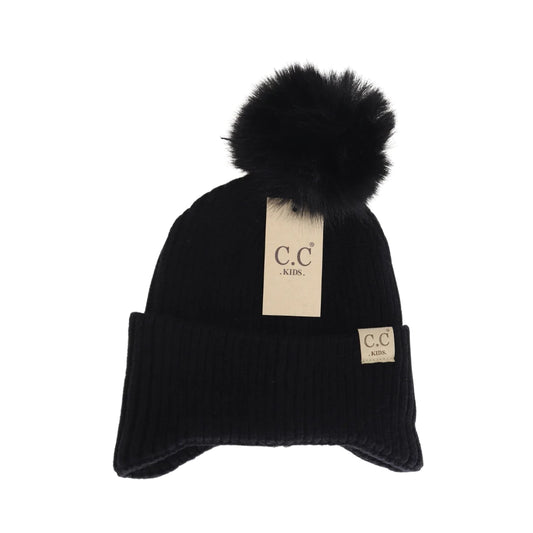 Kids Ear Flap Pom CC Beanie; Black