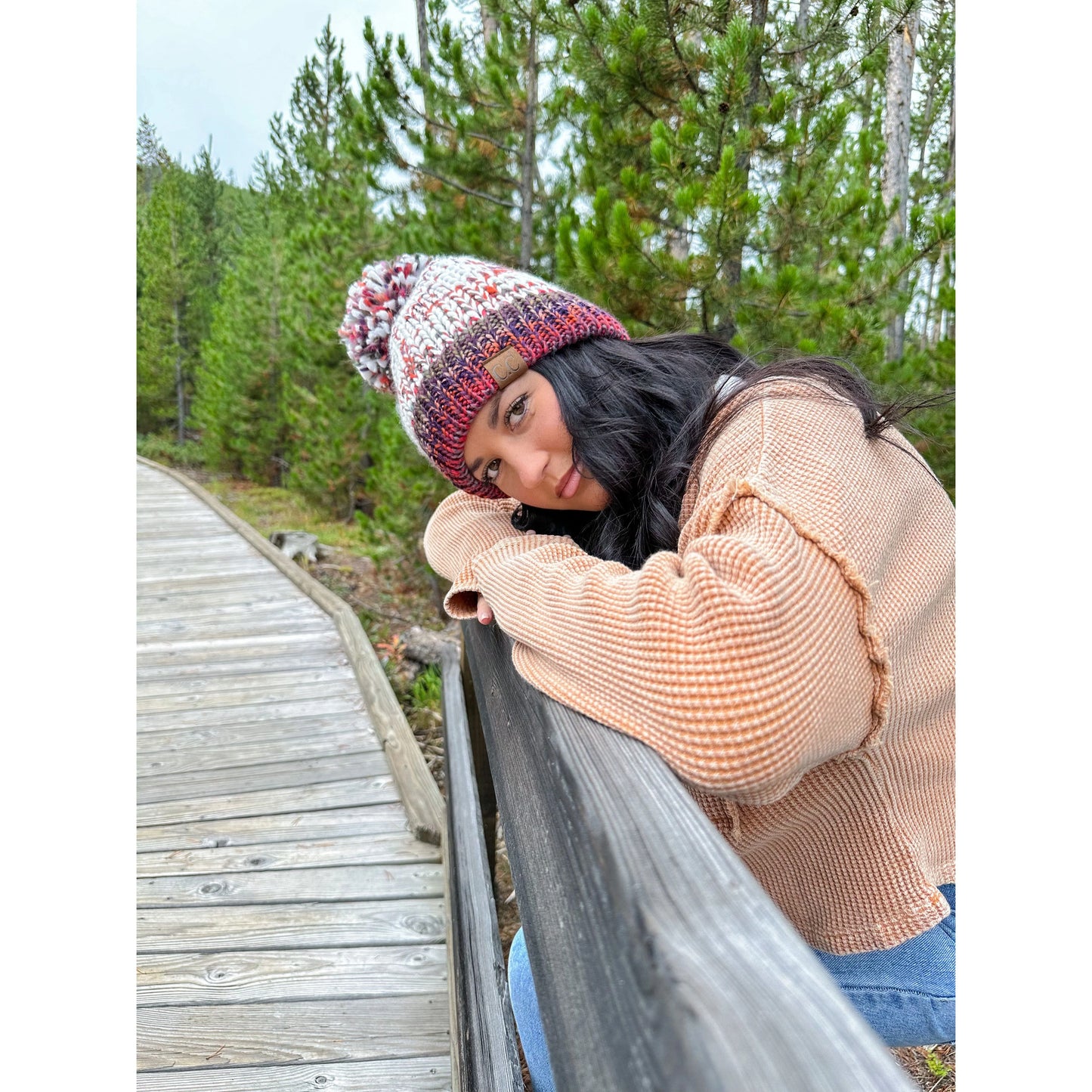 Fuzzy Lined Yarn Pom CC Beanie; Rust Mix