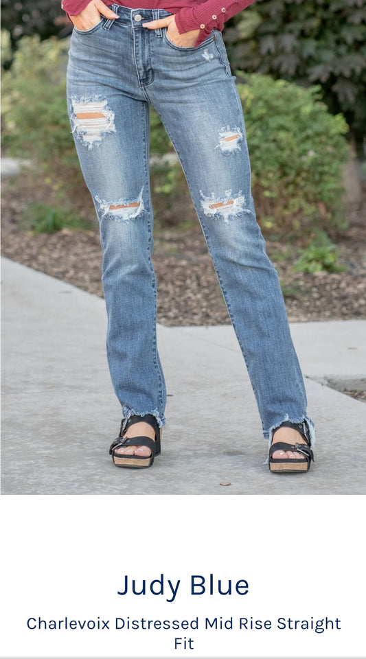 Judy Blue Destroyed Straight Mid Rise Jeans
