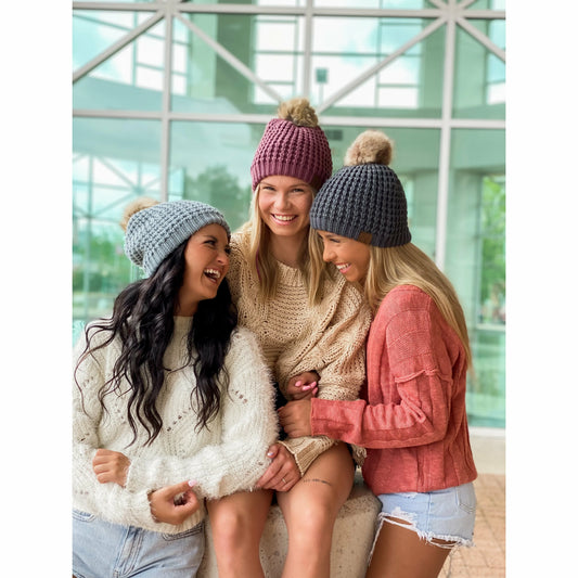 Solid Waffle Stitch Pom CC Beanie