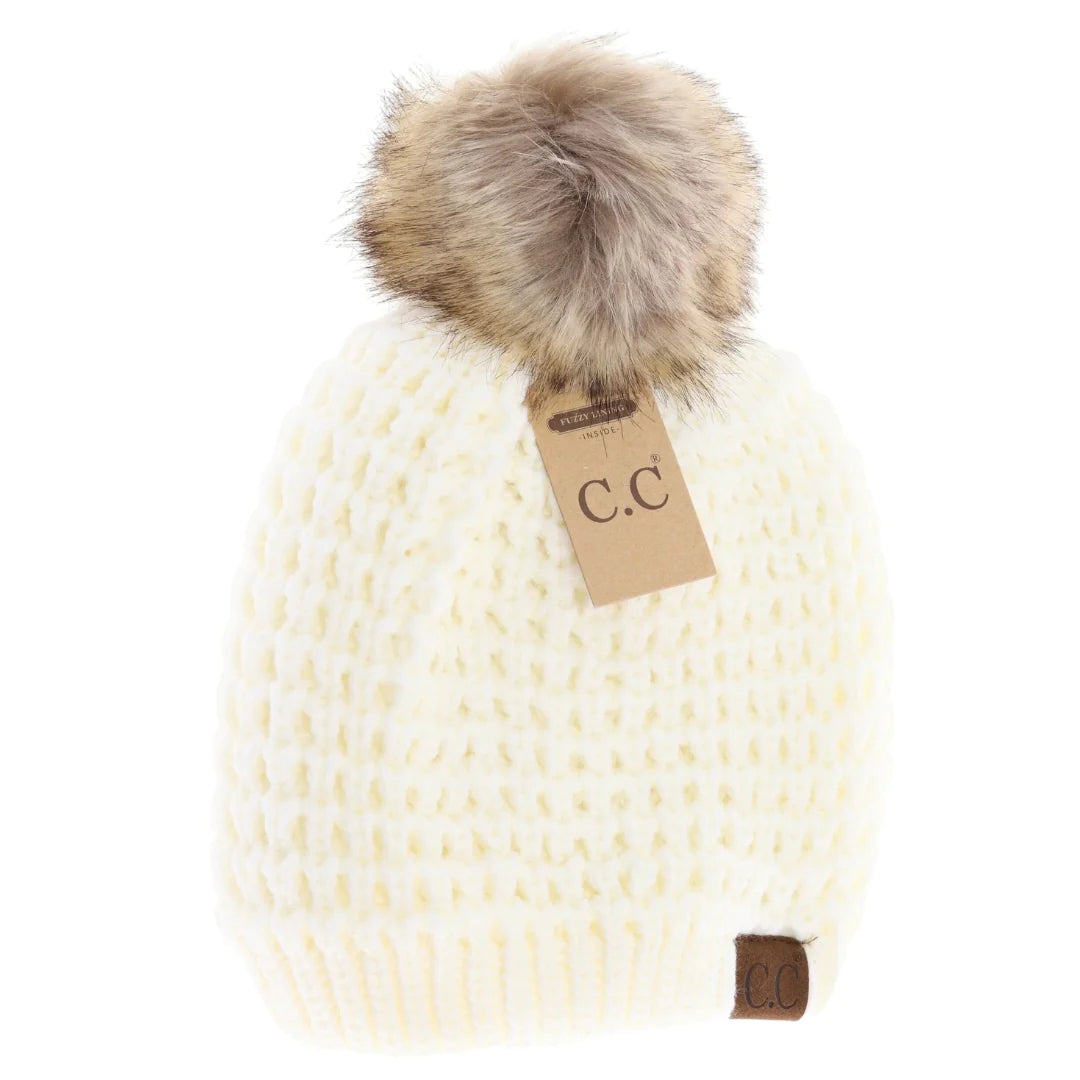 Solid Waffle Stitch Pom CC Beanie
