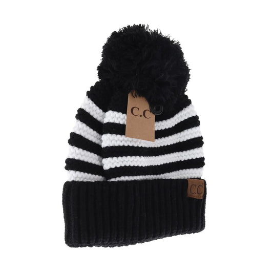 Knit Pom Striped CC Beanie