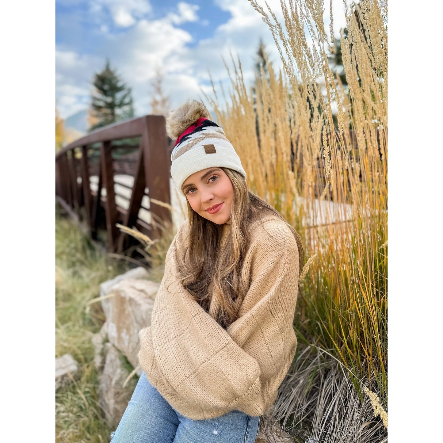 Aztec Natural Faux Fur Pom C.C Beanie