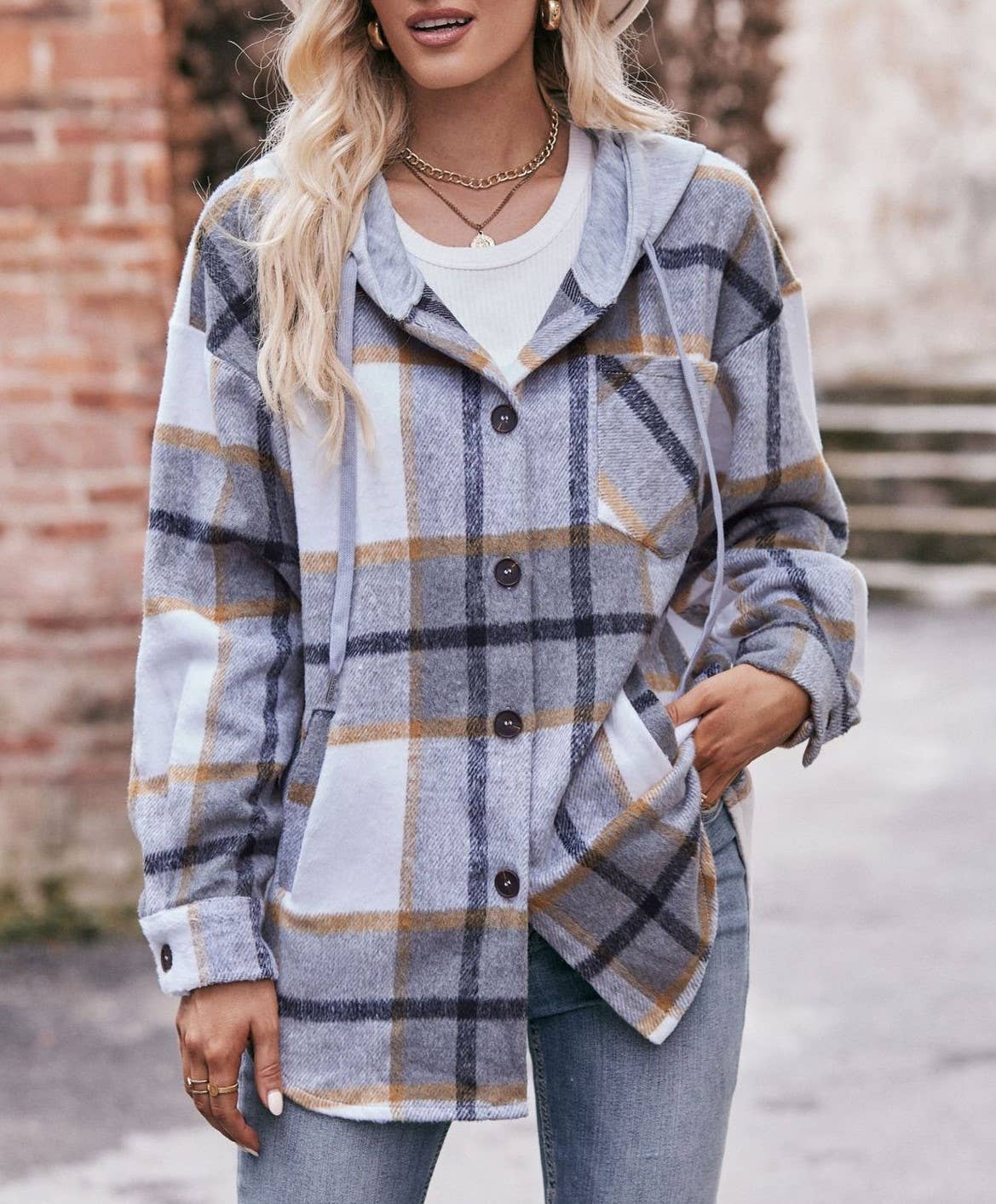 Hooded Midi Plaid Shirt Jacket