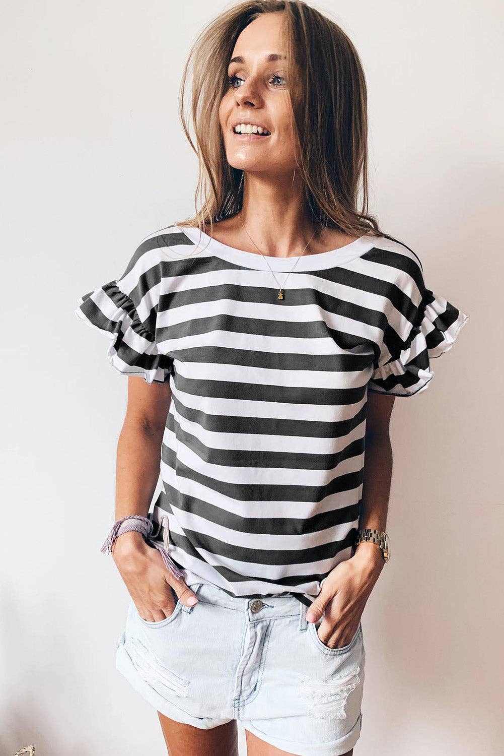 Striped V Neck Ruffle Sleeve Top