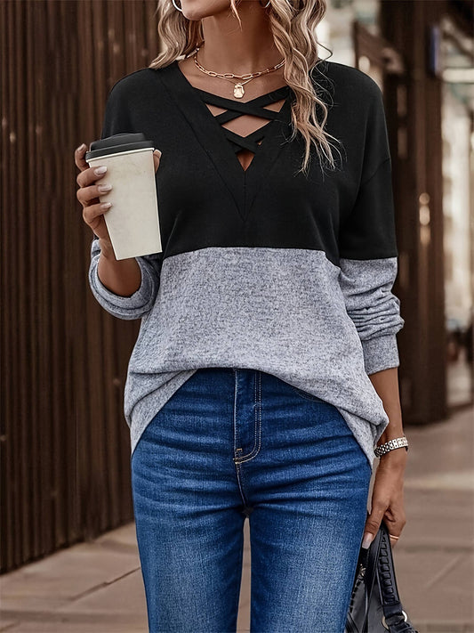 V-neck Cross Color Blocked Top