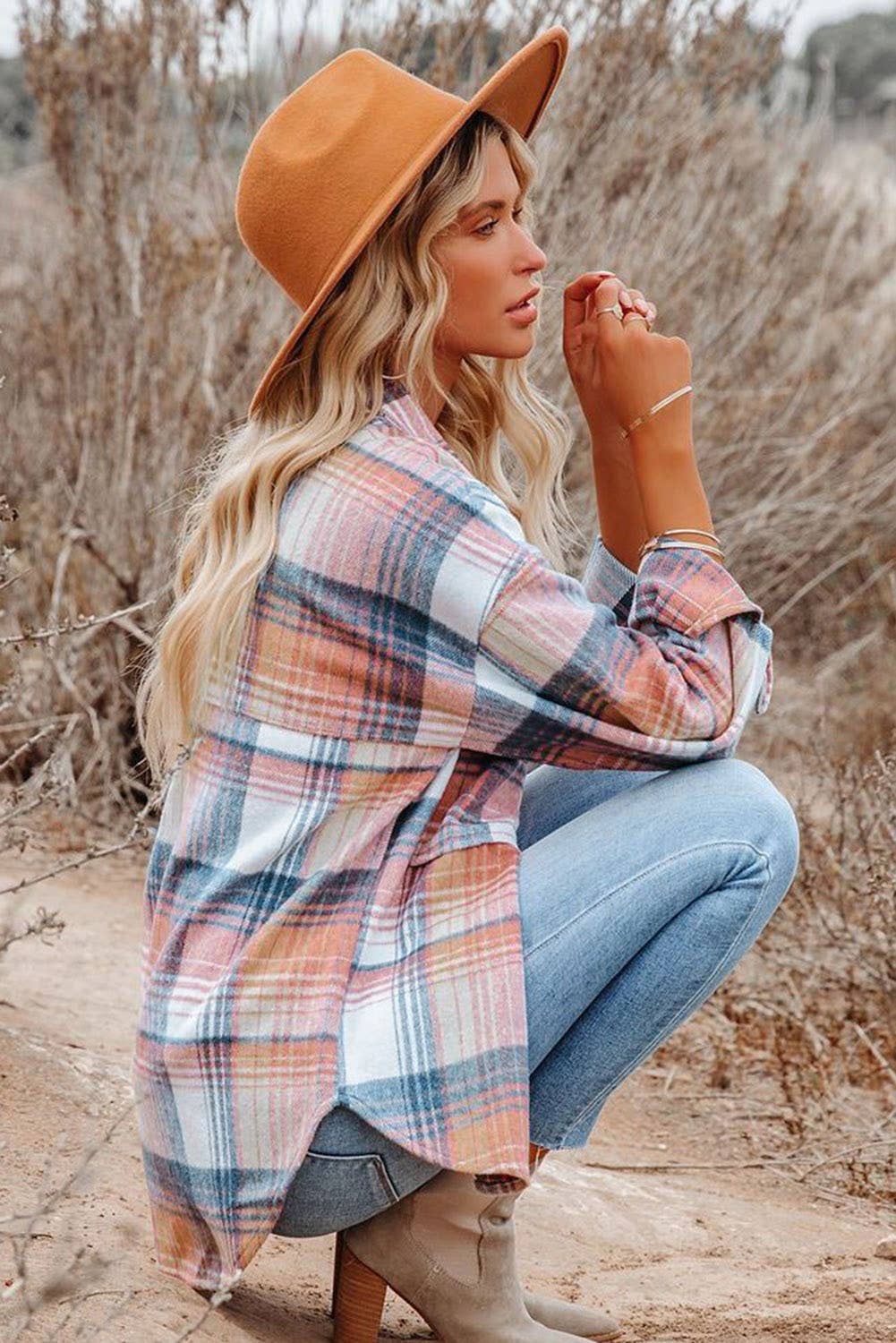 Casual Plaid Flap Pockets Shacket