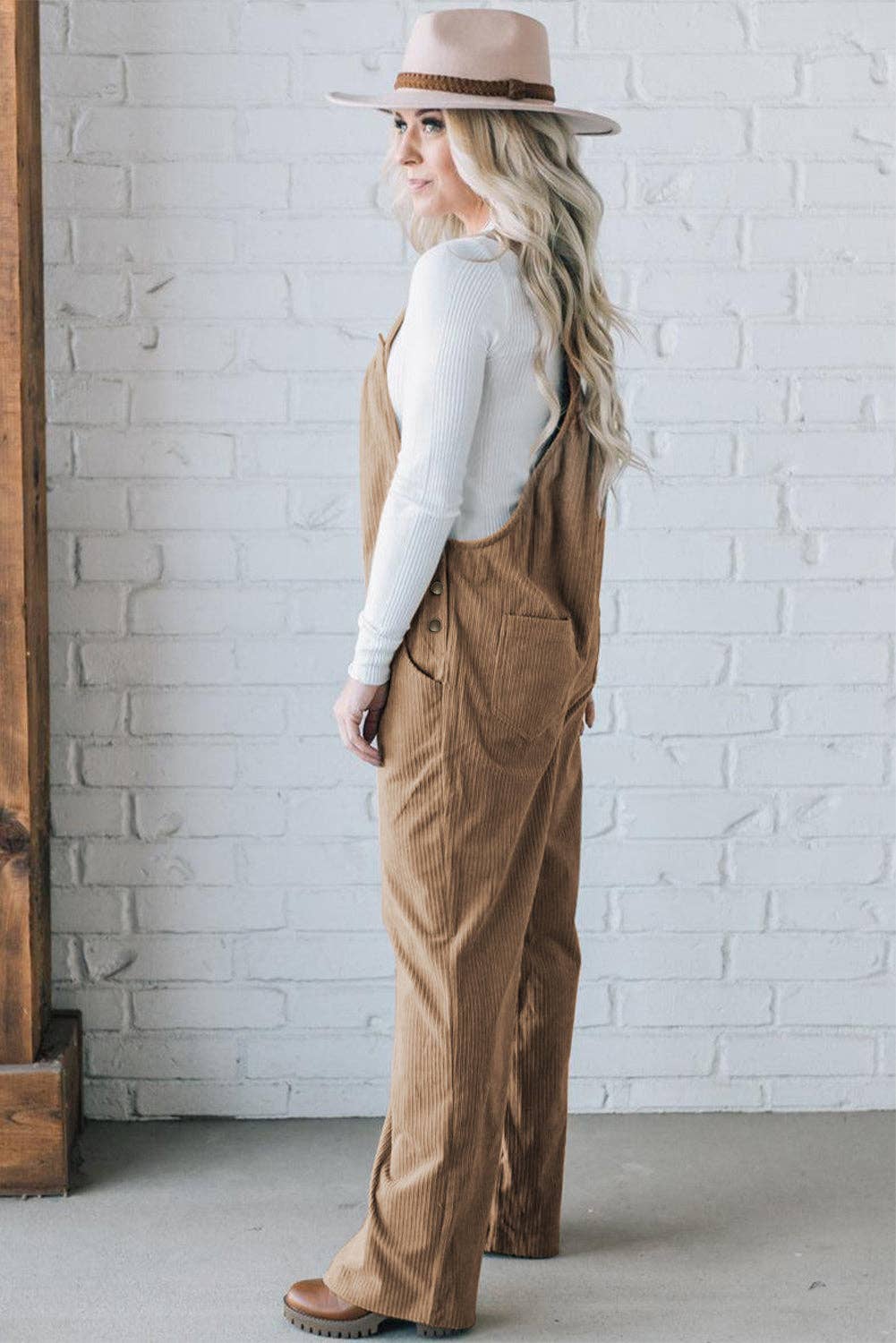 Solid Pocketed Corduroy Overalls