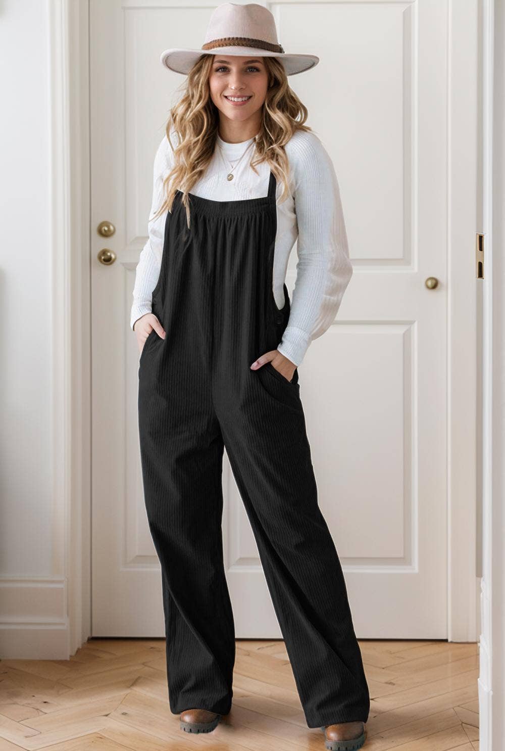 Solid Pocketed Loose Fit Corduroy Overall