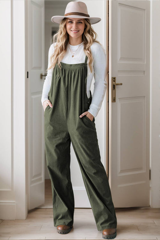 Solid Pocketed Loose Fit Corduroy Overall