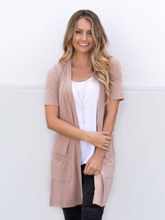 Short Sleeve Pocket Cardigan; Tan