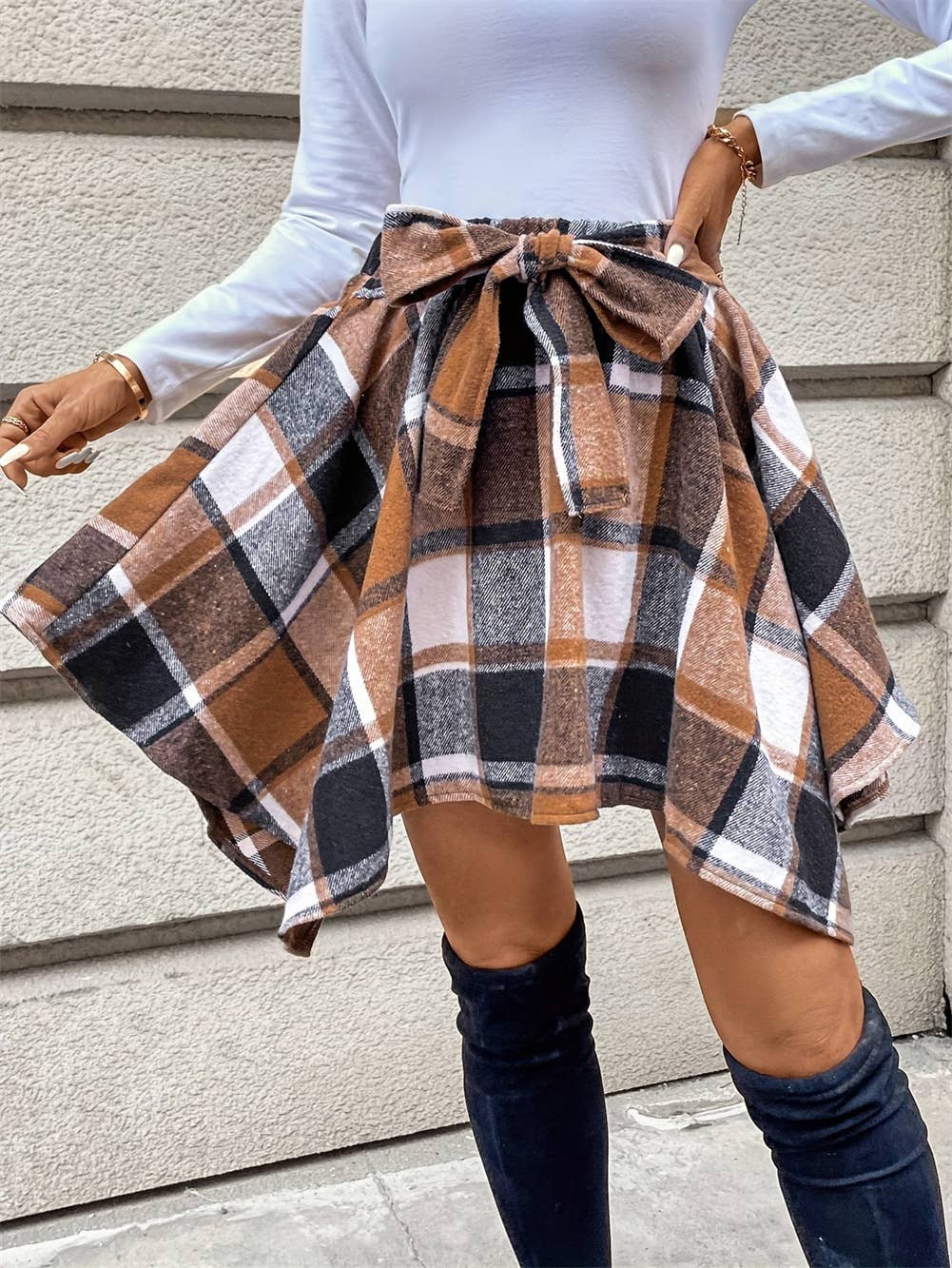 Panelled Checked Lace-Up Skirt