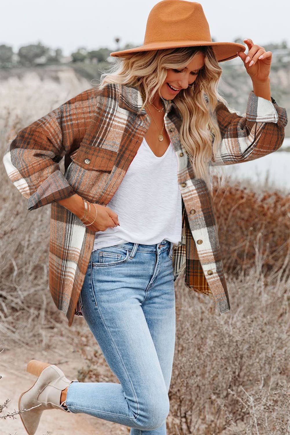 Casual Plaid Flap Pockets Shacket