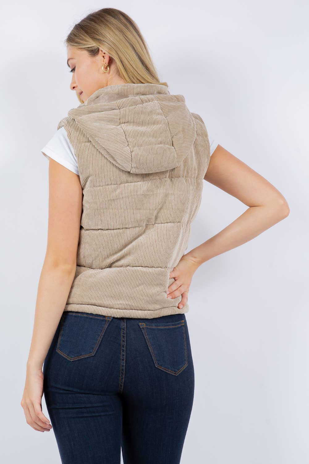 QUILTED CORDUROY HOODED PUFFER VEST