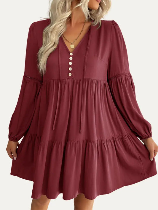 V-Neck Long Sleeve Babydoll Tiered Mini Dress