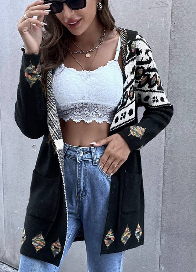 Black Geo Pattern Hooded Cardigan