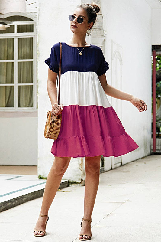 Round Neck Ruffle Tunic Short Dress