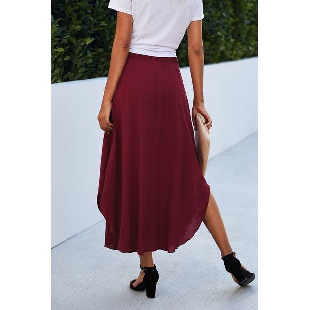 Solid Loose Fit Ruffle Maxi Skirt; Wine